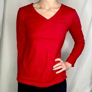 100% Cotton Red Long Sleeve V-Neck T-Shirt with Mini Breast Pocket Detail